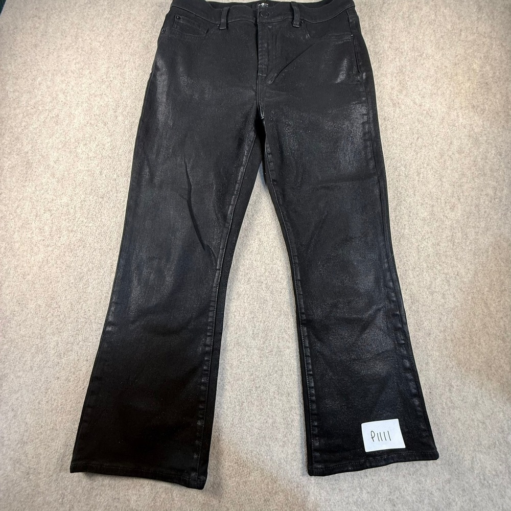 7 For All Mankind Black Coated Metallic Cropped Flare Jeans High Rise